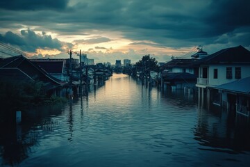 Flooded urban landscape featuring rooftops above water with dramatic lighting and open sky for text at sunset. Generative AI