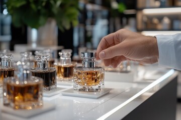 A beautiful scene featuring a hand delicately choosing a fragrance from an array of luxurious scent bottles in a contemporary store, representing personal identity and preference.