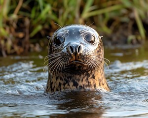 Fototapeta premium Seal pup in water, coastal marsh