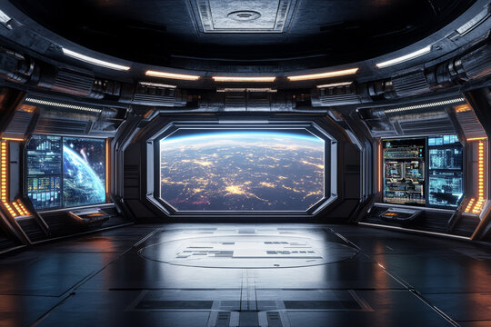 A sleek space station 3D background room with metallic walls, curved windows overlooking distant planets, and holographic interfaces displaying futuristic technology.
