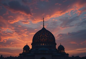 Fototapeta premium Mosque Silhouette: Intricate Dome at Sunset's Embrace