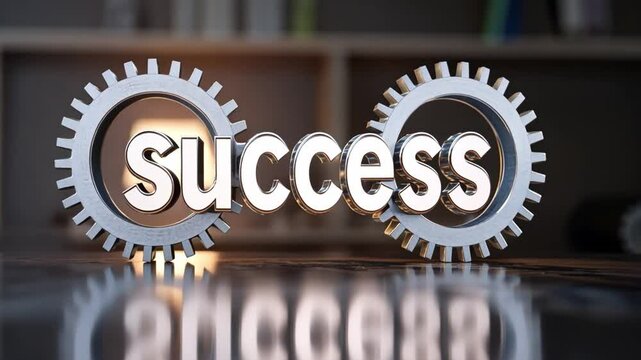 Success Gears: Metallic gears interlock with the word "success" displayed in a 3D design, representing the interconnectedness of business, innovation, and progress.