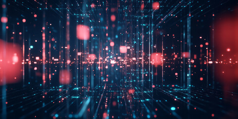 A sleek 3D abstract background featuring luminous floating nodes suspended in a deep cybernetic void. The high-tech reflections, glowing neon particles, and smooth transitions create a futuristic