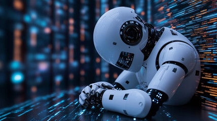 A Robotic Figure Reflecting Amidst Glowing Data Patterns In A Dark Setting.   Surrounded By