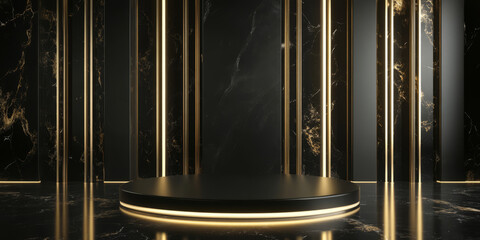 A luxury-inspired 3D background featuring a podium made of black glass, accented with shimmering gold details. The dramatic lighting and polished textures evoke a sense of sophistication and