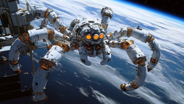 Futuristic robotic spider in space near Earth.