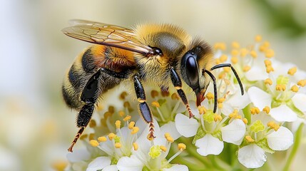 Close-Up of a Honeybee Pollinating White Flowers in Nature's Garden