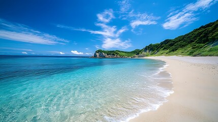 Obraz premium Secluded beach, clear water, sunny day, island backdrop, travel