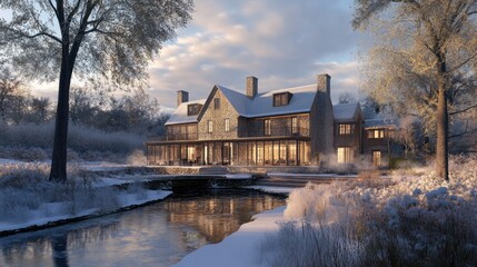 Fototapeta premium Stone House Winter Wonderland: Snow Covered Mansion Reflecting in a Frozen River at Sunset