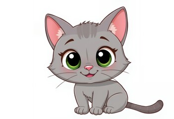 Obraz premium Cute Cartoon Gray Cat Sitting With Green Eyes and Pink Nose