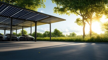 Naklejka premium Car parked under solar panel array with clear blue sky in background