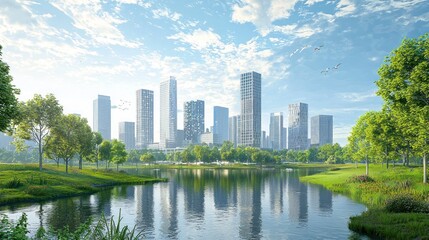 Fototapeta premium Eco-friendly city skyline reflected in calm lake.