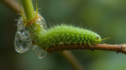 Fototapeta premium A green caterpillar creeps along a fresh sprout of a tree
