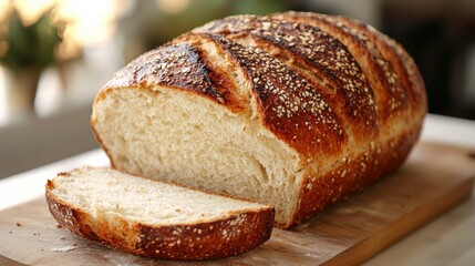Fototapeta premium Freshly Baked Sesame Crust Artisan Bread Loaf on a Wooden Cutting Board