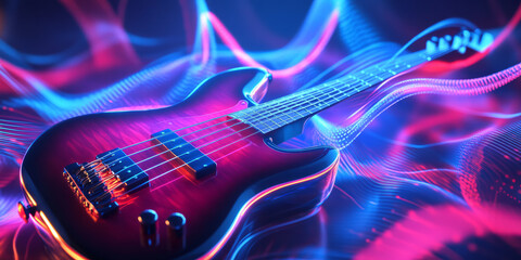 Obraz premium A surreal 3D music background displaying a glowing neon bass guitar, surrounded by swirling, pulsating sound waves. The dynamic energy of the abstract visualization creates an immersive representation