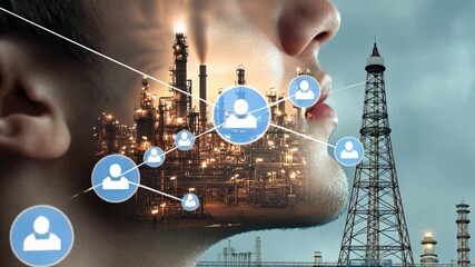 Industrial Dreams and Human Networks: An imaginative visual merging a human profile with an industrial landscape, overlaid with interconnected social icons. - Powered by Adobe