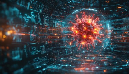 Fototapeta premium Digital Collage COVID-19 Virus 3D Cyberpunk Neon Colors Data Visualization Globe Ill Patients Stock Exchange Charts
