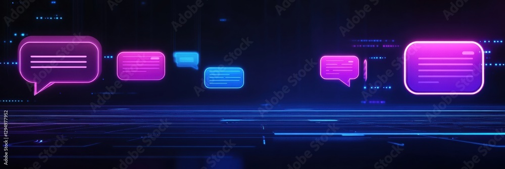 Poster Floating message bubbles and glowing notifications create a vibrant social media chat interface at night. Generative AI