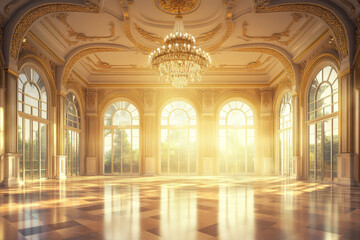 Fototapeta premium A luxurious classic ballroom 3D background room with a grand crystal chandelier, intricate gold moldings, and an expansive marble dance floor. Tall arched windows allow golden sunlight to flood the