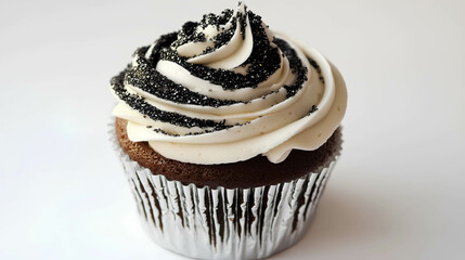 Delicious chocolate cupcake topped with creamy vanilla frosting and black sugar sprinkles creatively presented on a white background