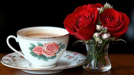 Fototapeta premium Elegant Tea Cup with Fresh Red Roses on Dark Background
