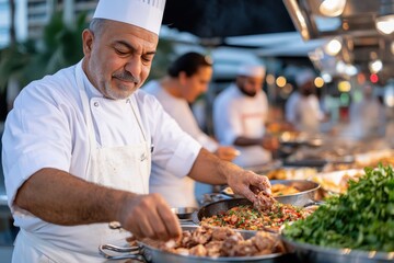 A chef masterfully prepares delicious food outdoors, showcasing culinary expertise and creativity with fresh ingredients in an impressive outdoor kitchen setting.