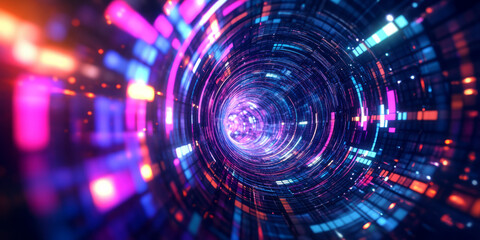Obraz premium A mesmerizing 3D music background featuring a swirling vortex of neon equalizer bars, dynamically changing with vibrant colors. The abstract visualization immerses the viewer in a world of electronic