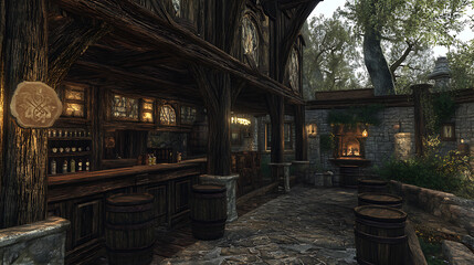 captivating bar scene unfolds in rustic outdoor setting, inviting patrons to relax and socialize within this architectural marvel