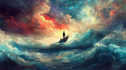 A solitary figure stands in a small boat amidst turbulent waves under a dramatic sky