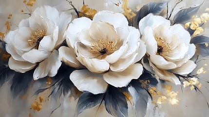 White peonies bouquet, painted art, home decor
