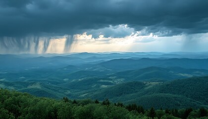 Stormy mountain landscape, rain, hills