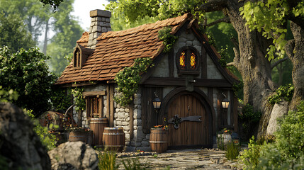 charming stone cottage nestles serenely in lush forest, its rustic design evoking feelings of peace and quiet, inviting escape to magical woodland retreat
