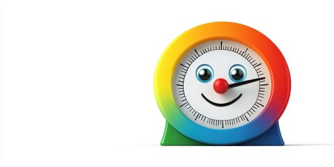 Rainbow Smiley Clock: A cheerful, colorful 3D rendered image of a clock with a happy face, perfect for kids or fun projects.