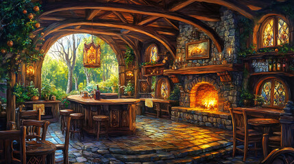 Obraz premium Interior pub with bar and stone fireplace creating cozy ambience, inviting atmosphere, and feeling of relaxation