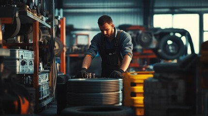 Fototapeta premium Focused and capable man efficiently managing car and truck spare parts in a well-organized industrial warehouse, exemplifying modern automotive expertise and diligence