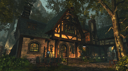 old timber frame house with sense of history, exudes serene comfort. timeless sanctuary, whispering tales of generations past, nestled in natural beauty