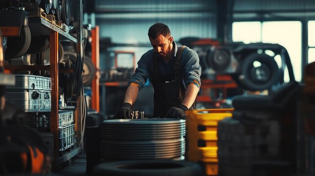 Focused and capable man efficiently managing car and truck spare parts in a well-organized industrial warehouse, exemplifying modern automotive expertise and diligence
