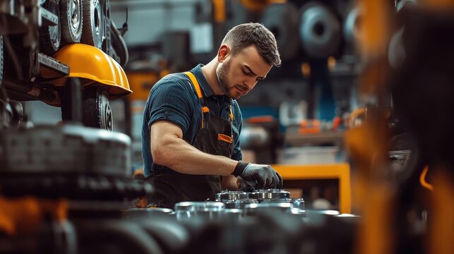 Focused and capable man efficiently managing car and truck spare parts in a well-organized industrial warehouse, exemplifying modern automotive expertise and diligence