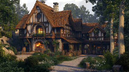 Fototapeta premium charming timber framed house, nestled in serene woodland, evokes feelings of warmth and welcome with its inviting ambiance