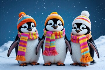 Fototapeta premium Three Cheerful Penguins in Bright Scarves and Winter Hats Against a Snowy Blue Background