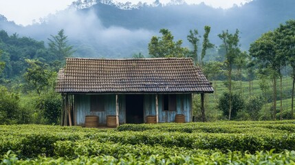 Obraz premium Misty Mountain Tea Plantation with Rustic House