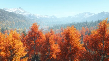 Vibrant autumn forest with snow-capped mountains in the background.