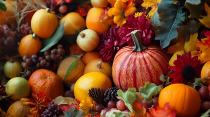 A vibrant autumn display featuring pumpkins, gourds, and colorful foliage in a festive arrangement