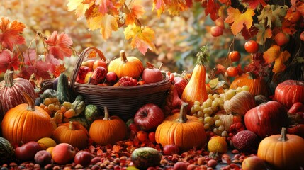 A vibrant autumn harvest scene featuring a basket of assorted fruits and vegetables amidst colorful leaves