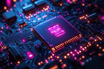 Futuristic Circuit Board Cyberpunk Design with Neon Lights and Abstract Pathways