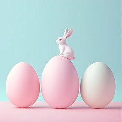 Fototapeta premium Minimal pastel Easter composition with white rabbit sitting on pink egg against soft turquoise background