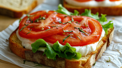 Open sandwich with lettuce, tomato, and cream on toasted bread.