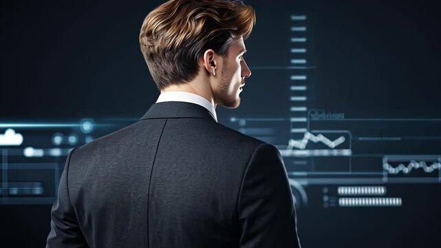 Businessman Facing Future: A determined businessman, elegantly dressed, stands confidently before a dynamic digital display, his gaze fixed on the evolving data and projections.