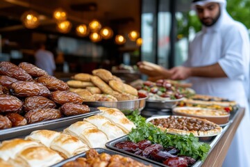 Obraz premium A visually stunning display of traditional Middle Eastern dishes showcasing dates, breads, and a variety of savory delights captured in a vibrant dining setting.