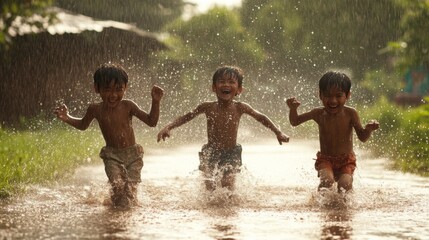 Children Playing in Rain, Rural Scene